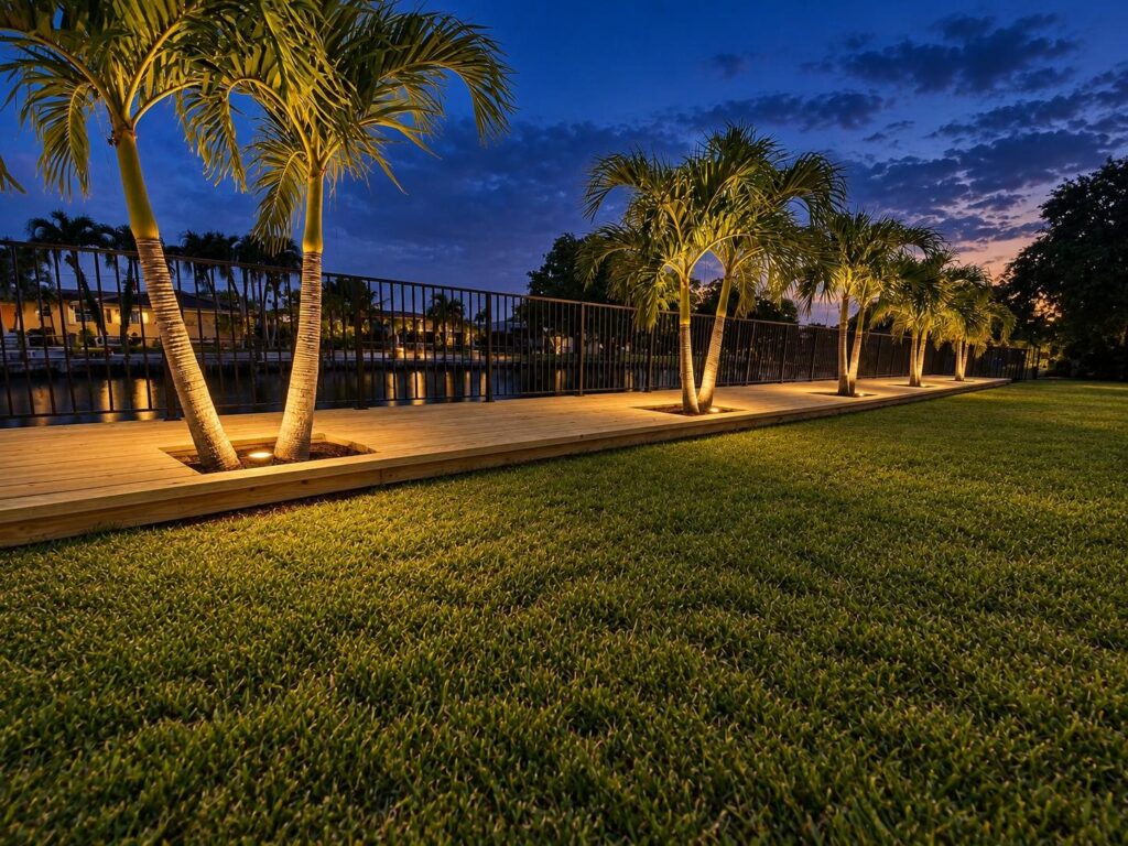 Backyard deck with lighting at night built by Canet Group