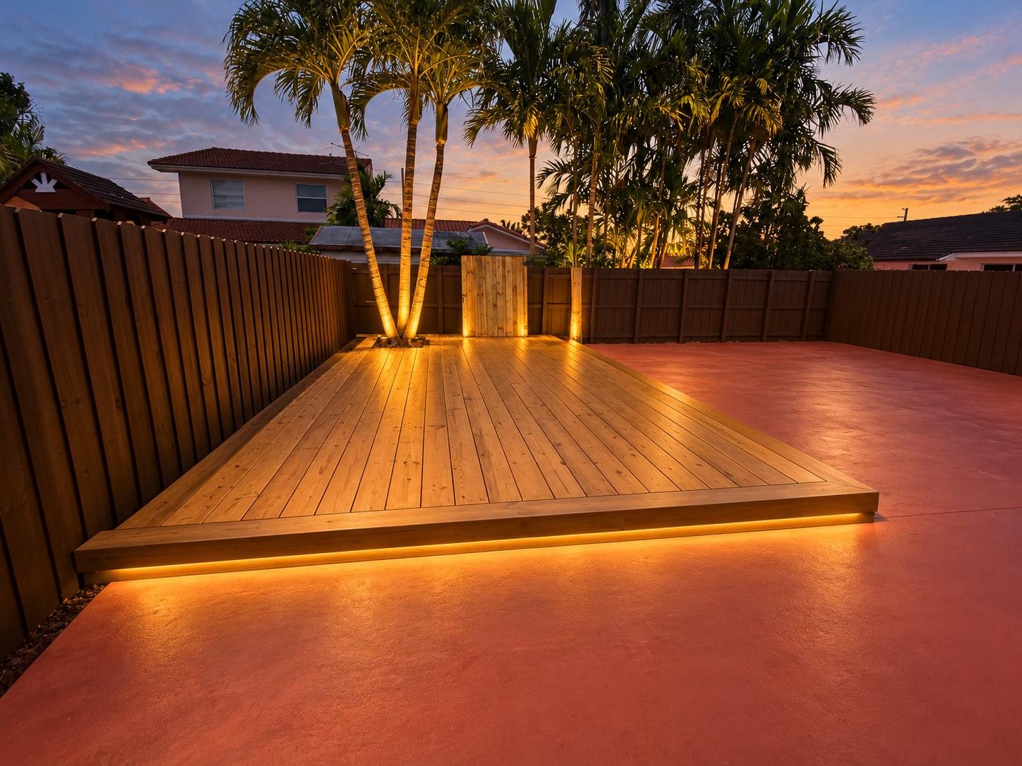 Backyard wood deck with built-in lighting at sunset, built by Canet Group