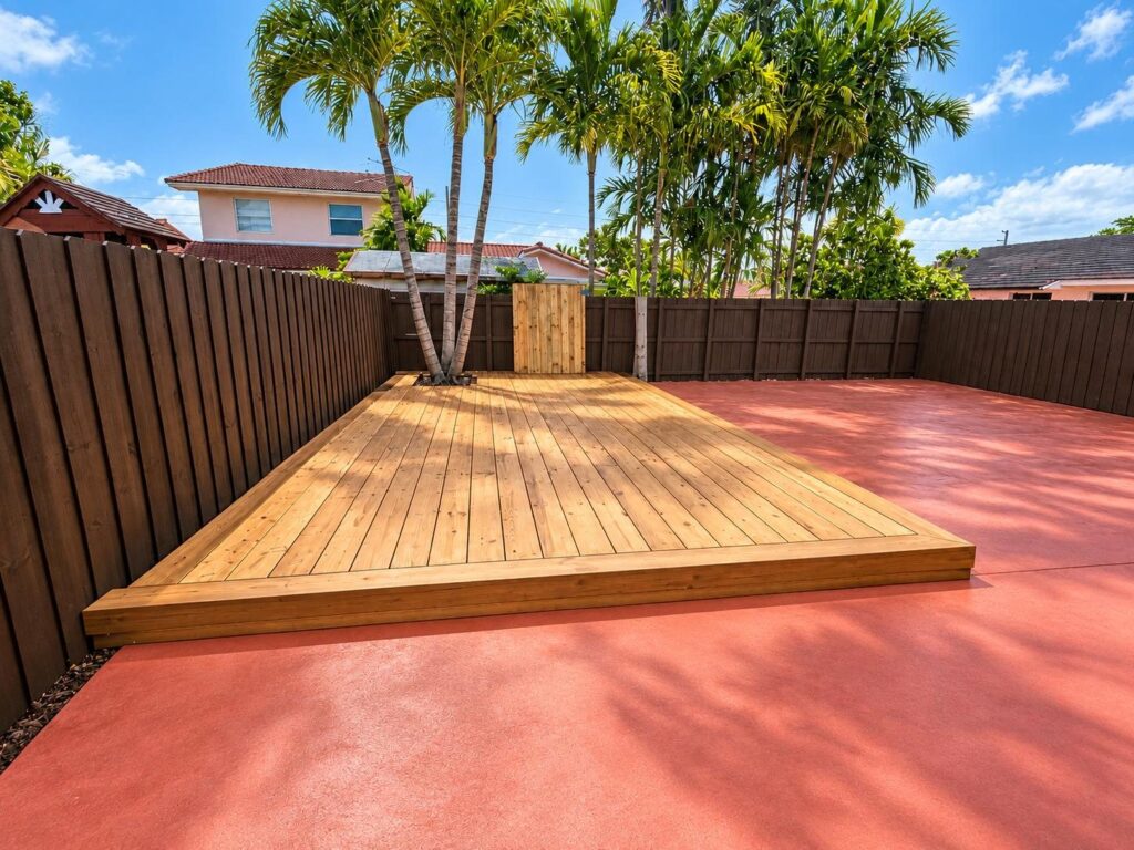 Backyard wood deck with palms built by Canet Group
