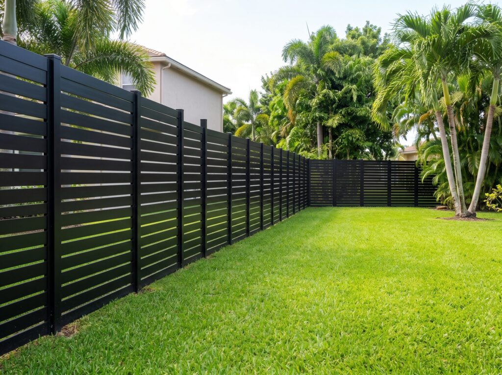 Black horizontal aluminum slat fence around a backyard lawn, installed by Canet Group