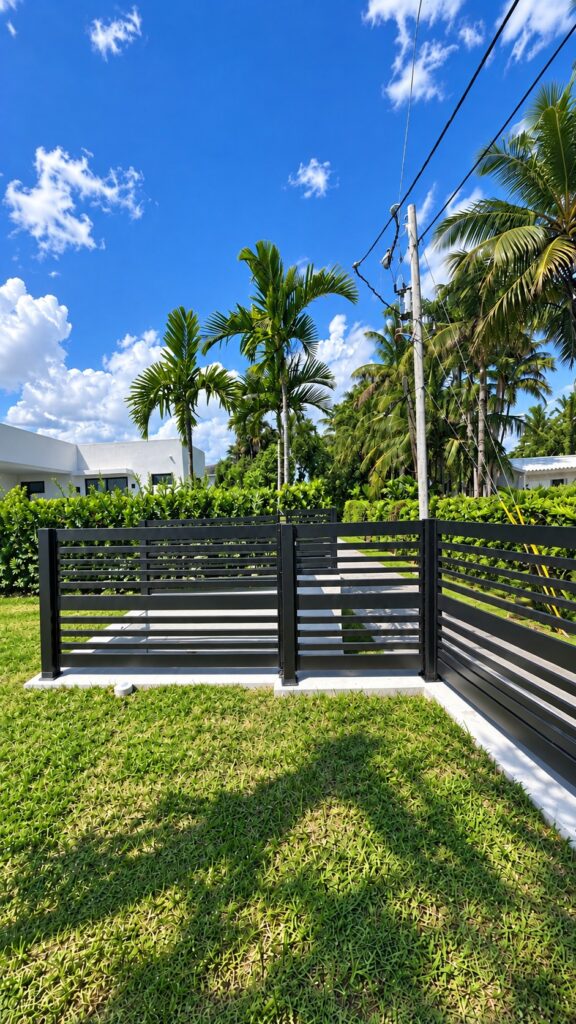 Black horizontal aluminum slat fence corner around a front yard