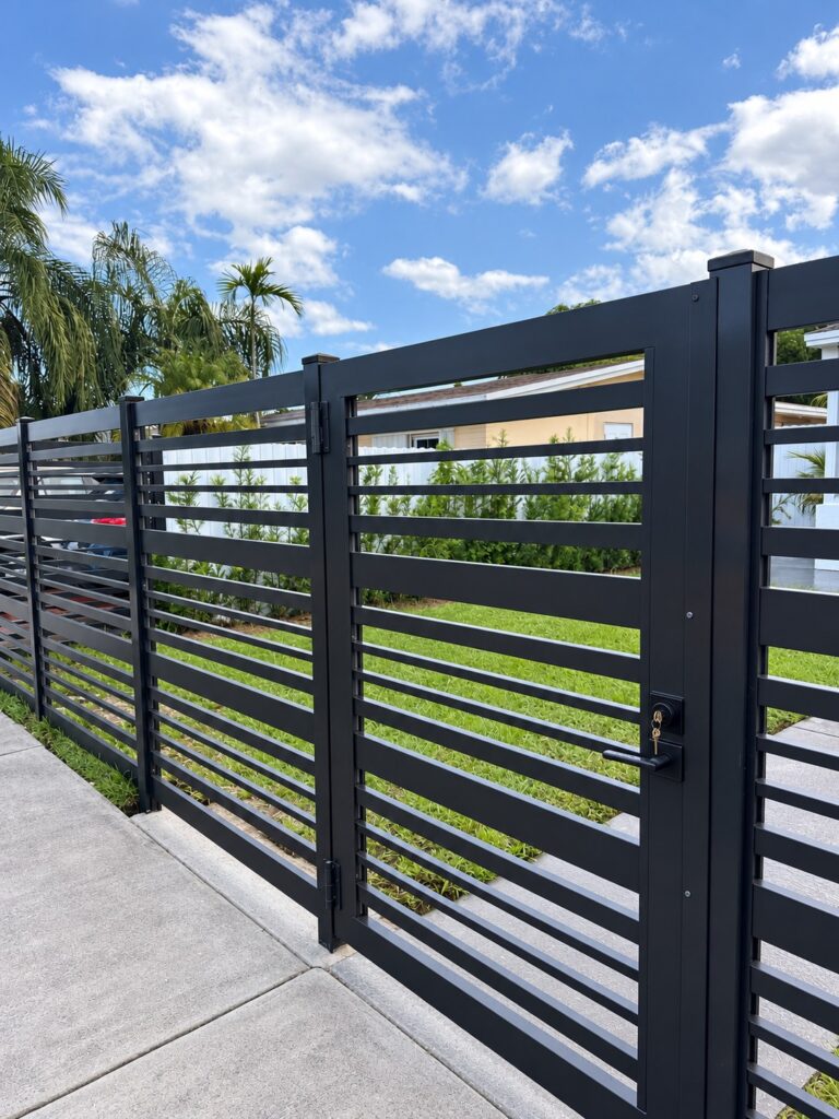 Black horizontal aluminum slat fence and gate along a sidewalk