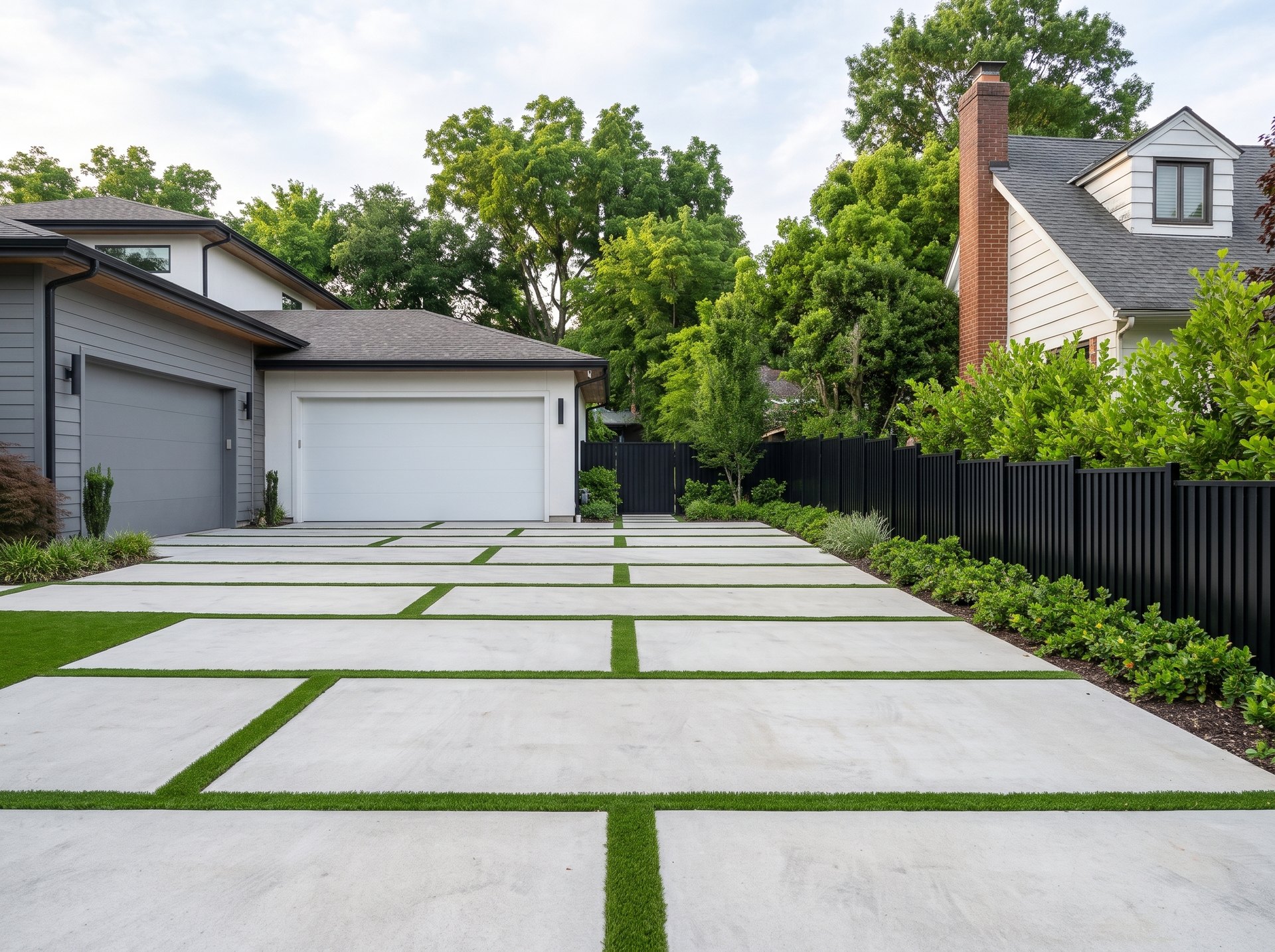 Concrete slab driveway with turf joints leading to a two-car garage beside a black fence