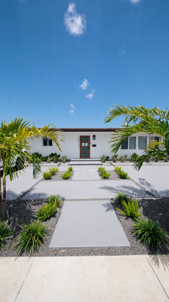 Concrete slabs with turf joints at a modern white home, by Canet Group