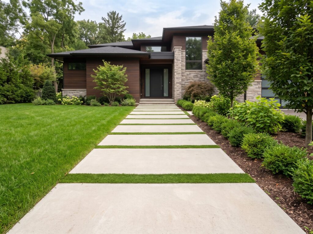 Concrete slab walkway with turf joints at a modern home