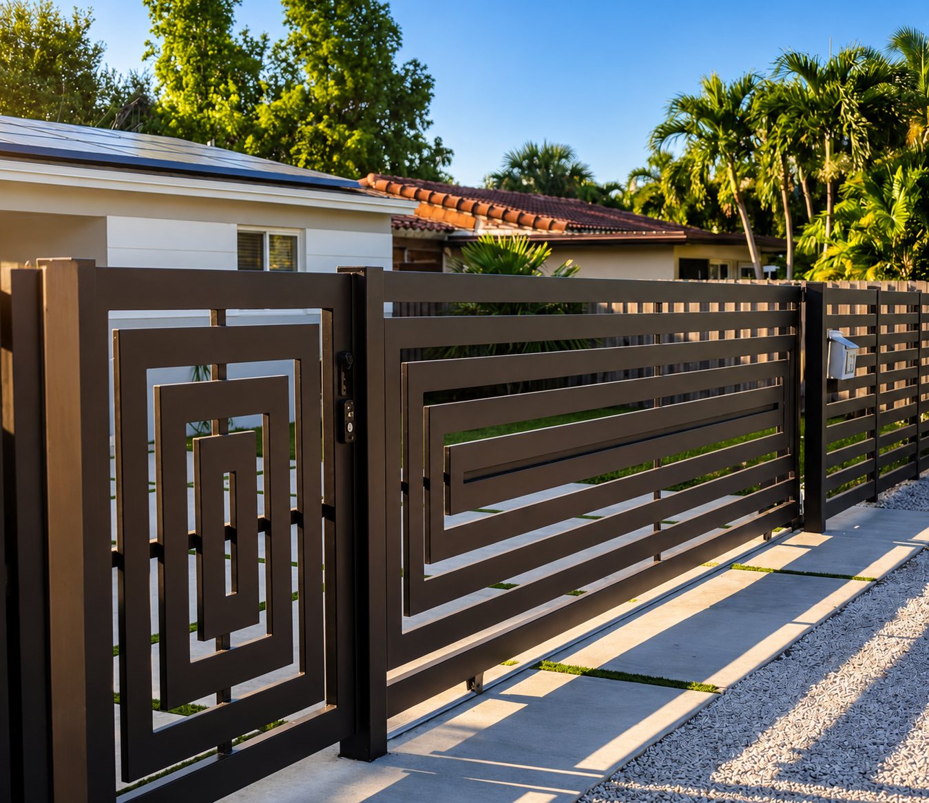 Decorative bronze aluminum driveway gate with a square spiral pattern and horizontal slats in South Florida