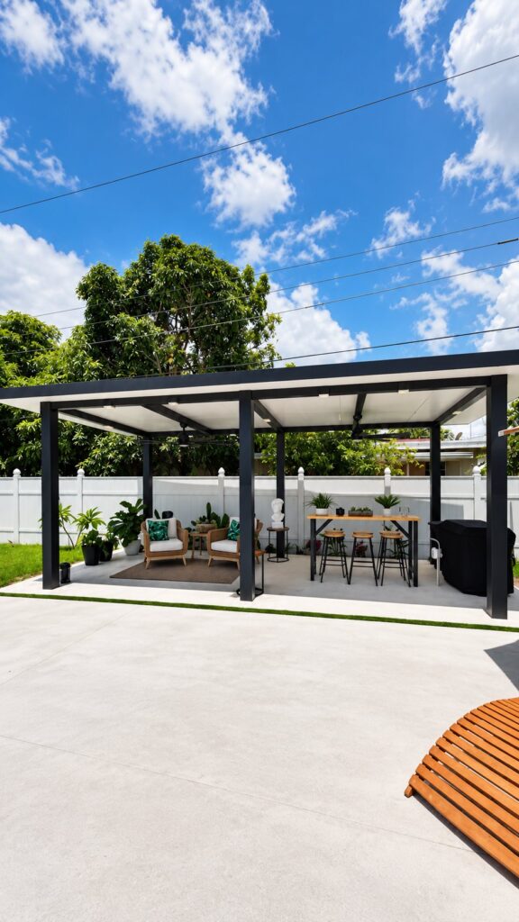 Freestanding aluminum pergola over an outdoor kitchen built by Canet Group