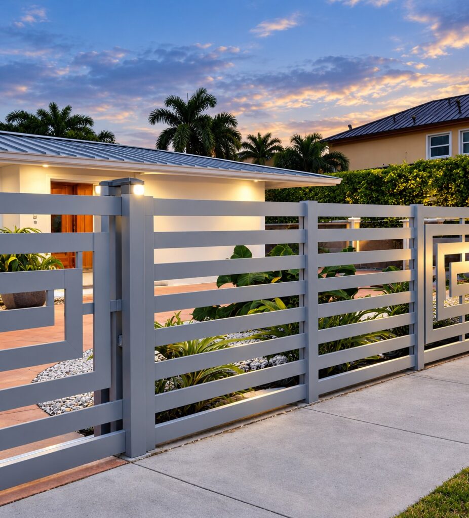 Gray horizontal aluminum slat fence at dusk installed by Canet Group
