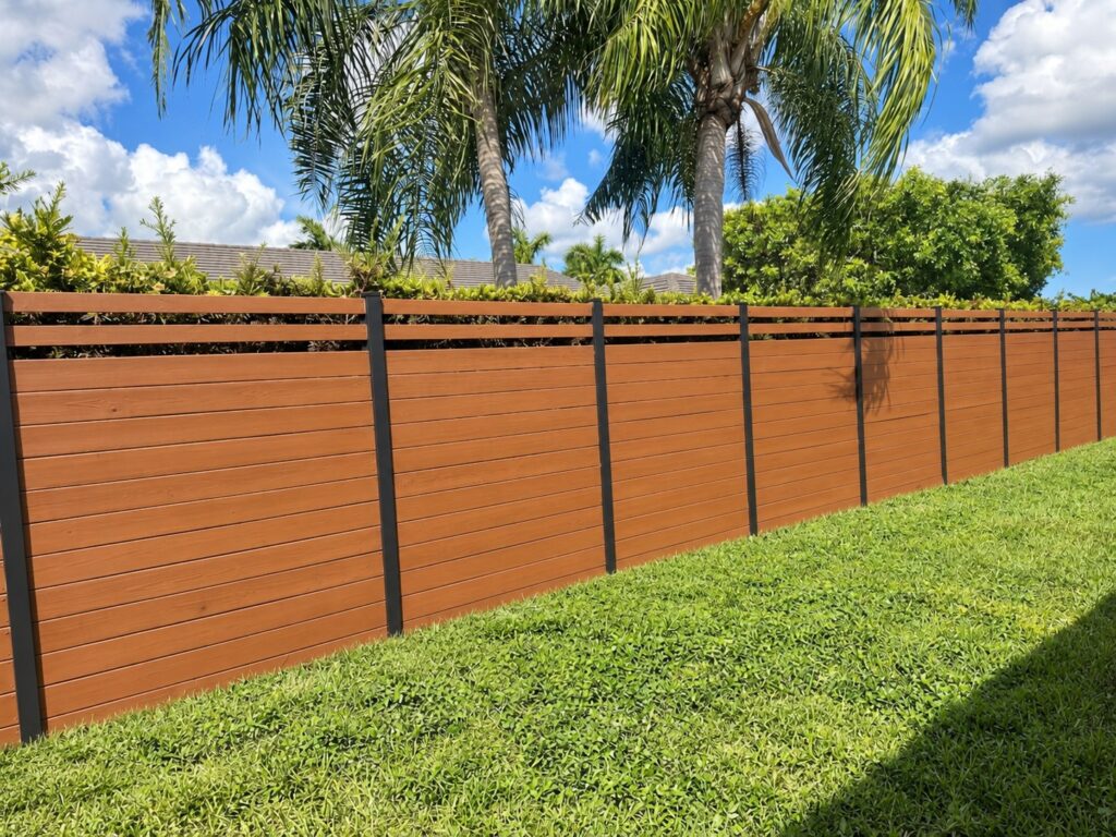 Horizontal wood fence with black posts along a green lawn