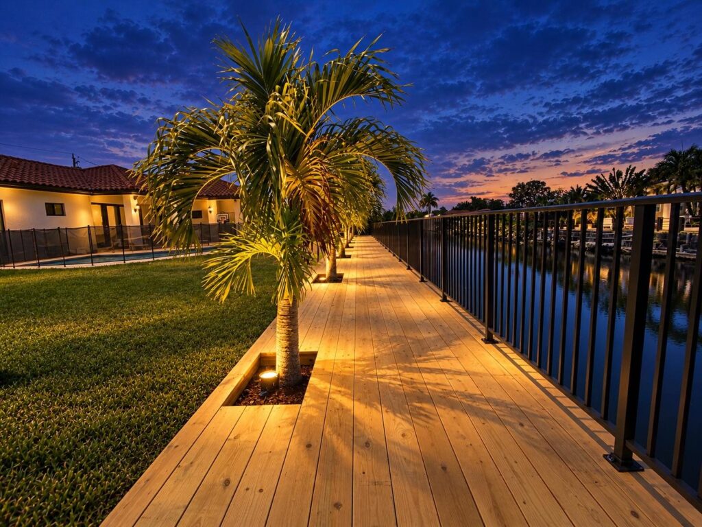 Wood deck with built-in lighting along the water at dusk, built by Canet Group