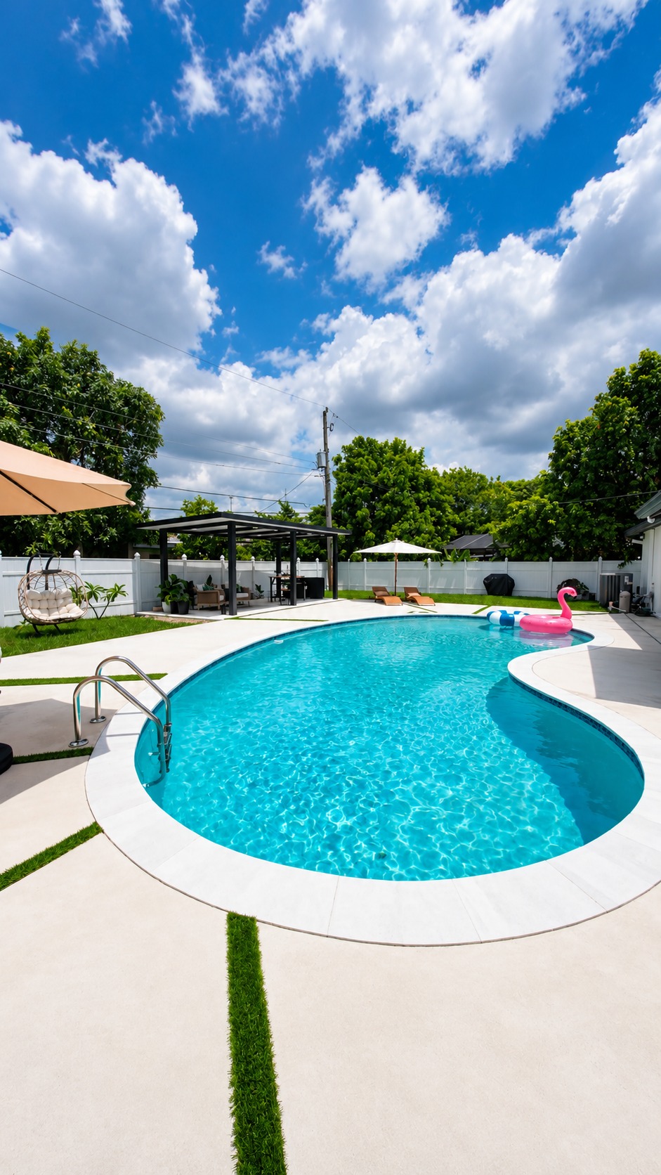 New freeform pool with a travertine deck built by Canet Group
