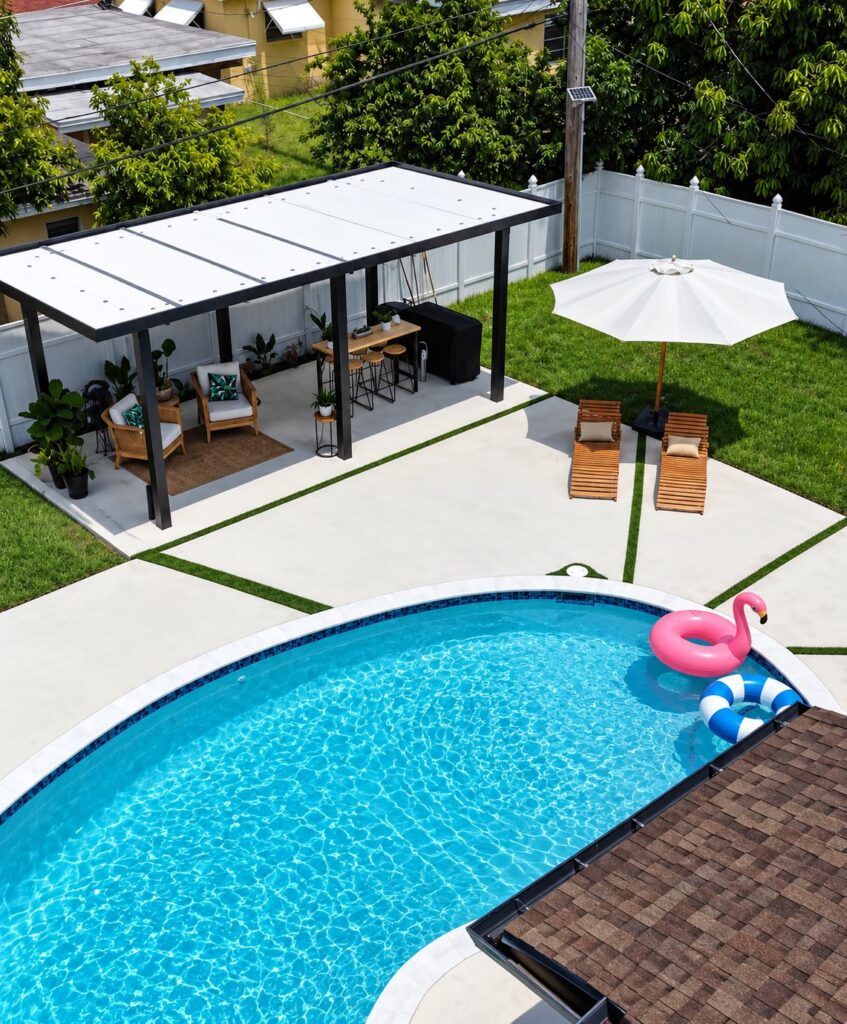 Aluminum pergola beside a pool patio built by Canet Group