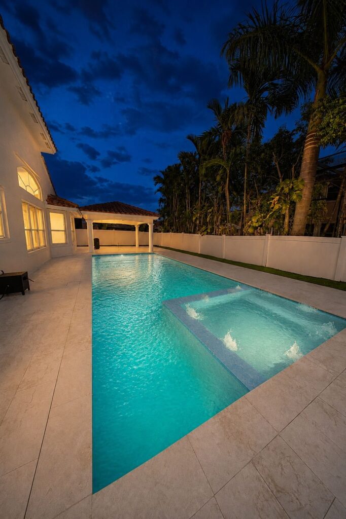 New pool and spa with LED lighting at night