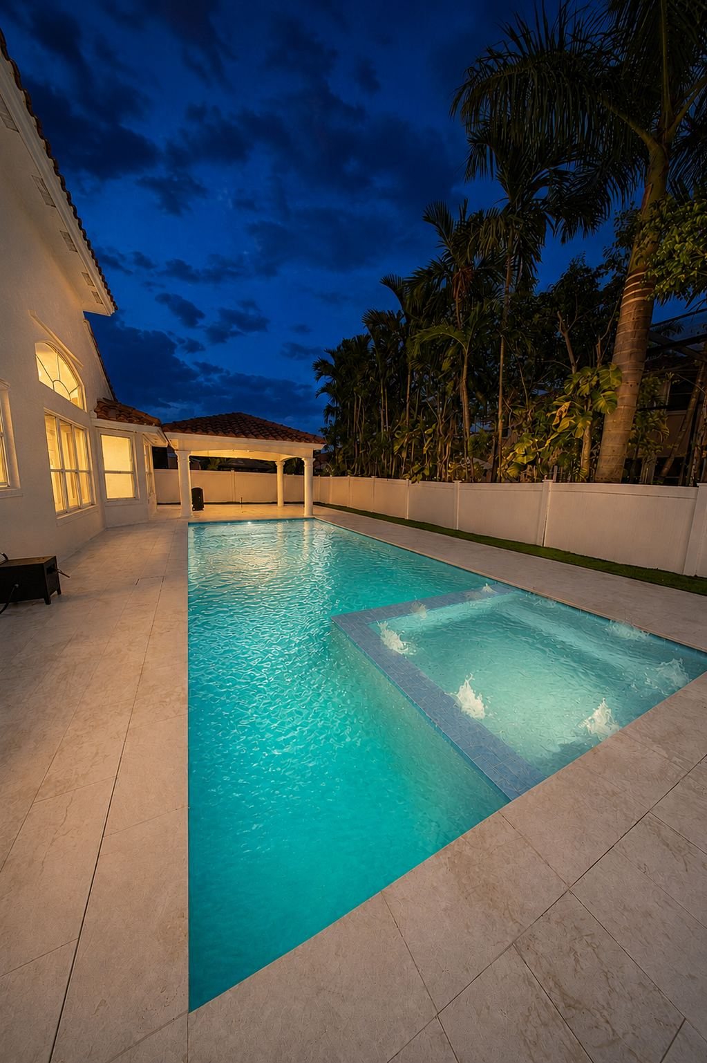 Integrated spa and pool lighting at night