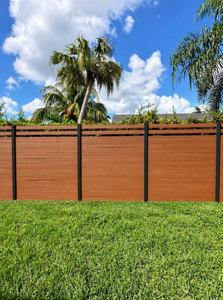 Stained horizontal wood fence with black posts and palm trees