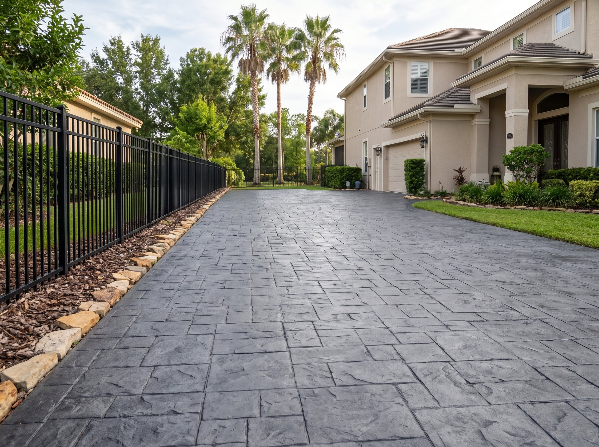 Gray stamped concrete driveway beside a black aluminum fence, installed by Canet Group