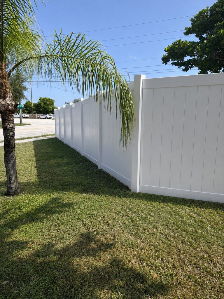 White PVC privacy fence with palm trees installed by Canet Group