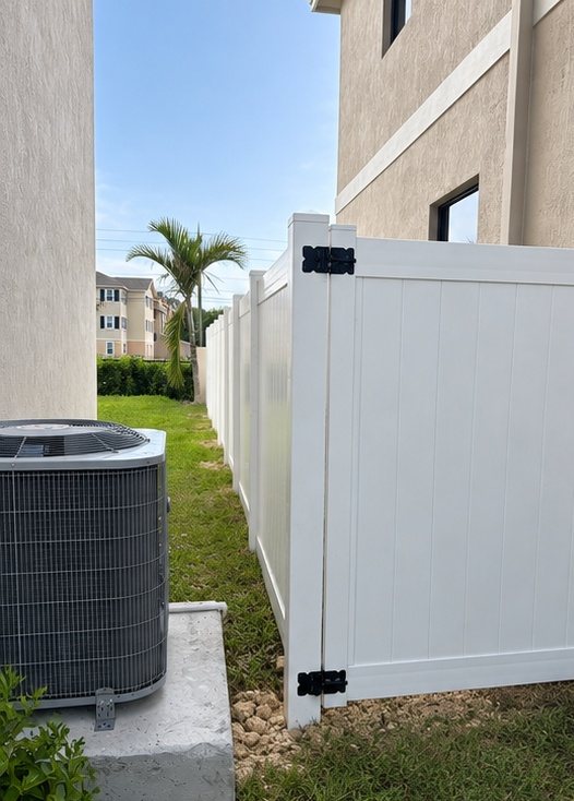 White vinyl privacy fence along a side yard installed by Canet Group