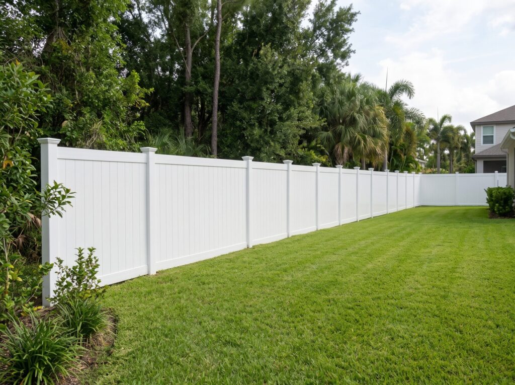 White vinyl privacy fence along a backyard lawn, installed by Canet Group
