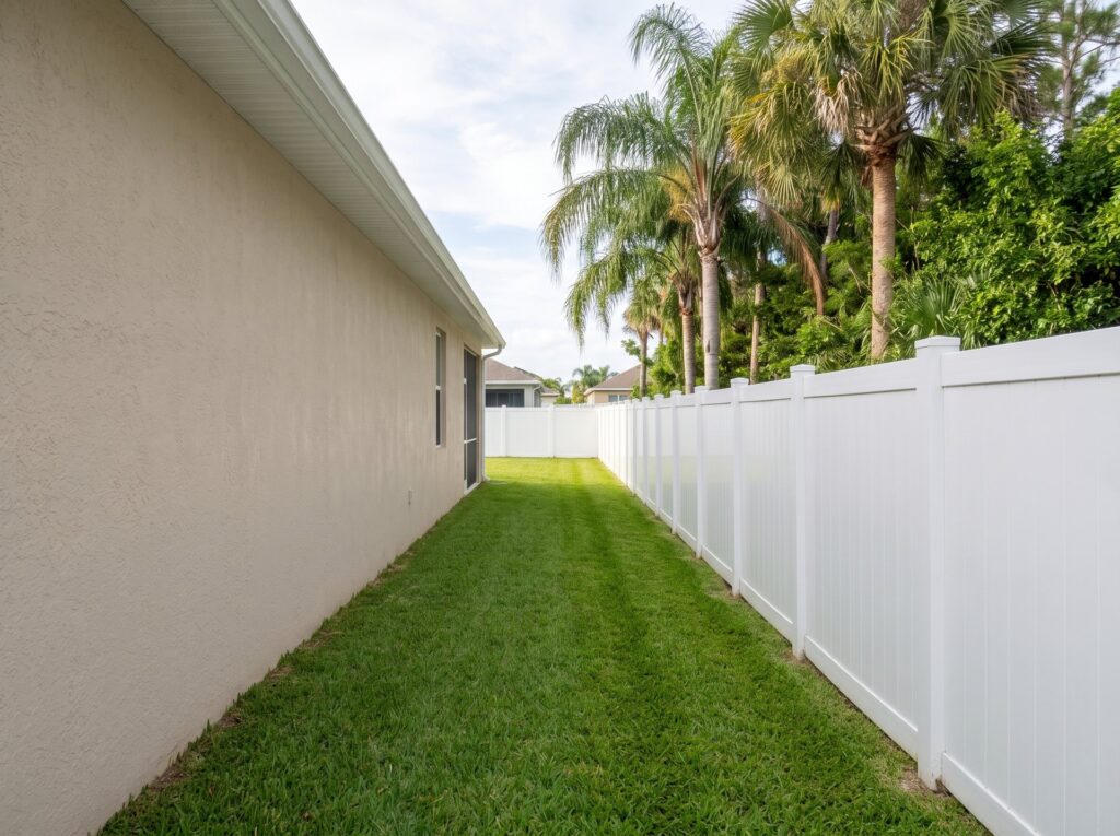 White vinyl privacy fence along a side yard with palms, installed by Canet Group