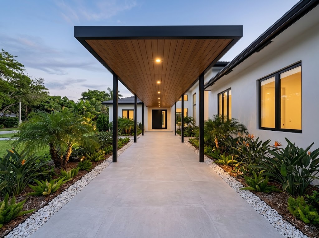 Covered entry walkway with a black aluminum canopy and wood-look slat ceiling at dusk