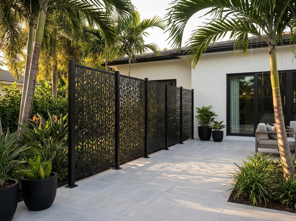 Decorative black aluminum privacy screens on a backyard patio with tropical plants