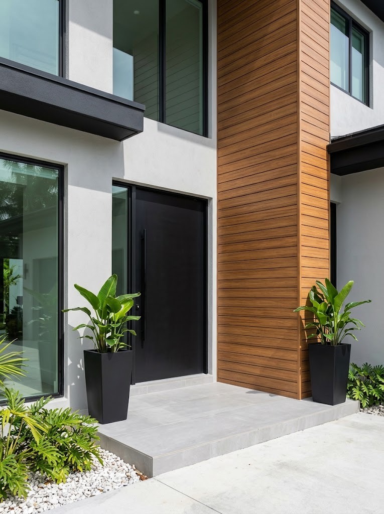 Modern home entry with a wood-look slat accent wall, black pivot door and black trim