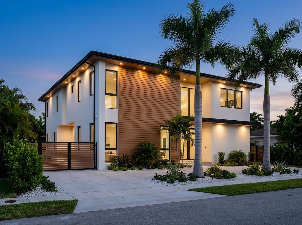Modern two-story home with white stucco, a wood-look slat accent wall, black trim and warm lighting at dusk in South Florida