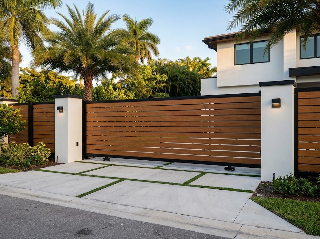Modern horizontal slat driveway gate with a black frame and white stucco pillars