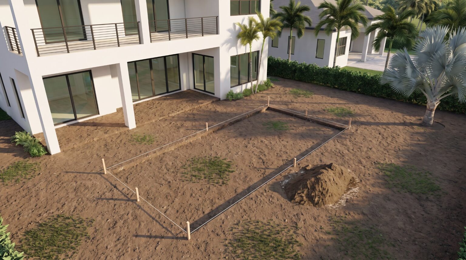 Sample 3D view of a backyard as bare dirt with the pool outline staked out before construction