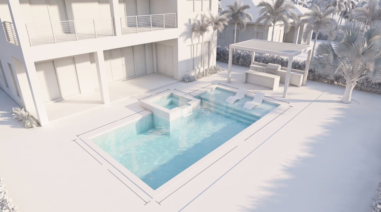 Sample 3D design model of the new pool, spa and deck layout shown as a white study model