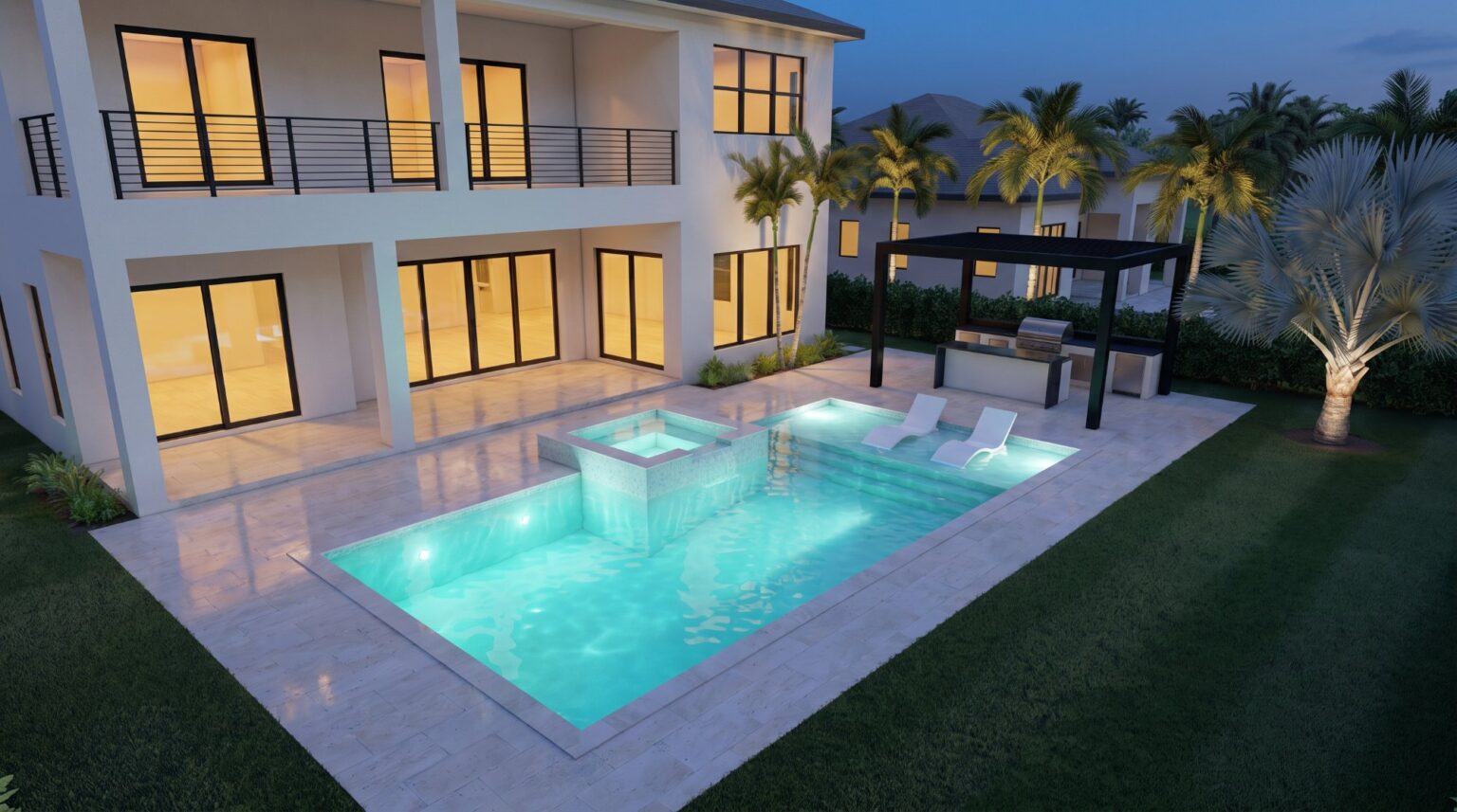 Sample 3D rendering of the new pool at night with LED pool and spa lighting