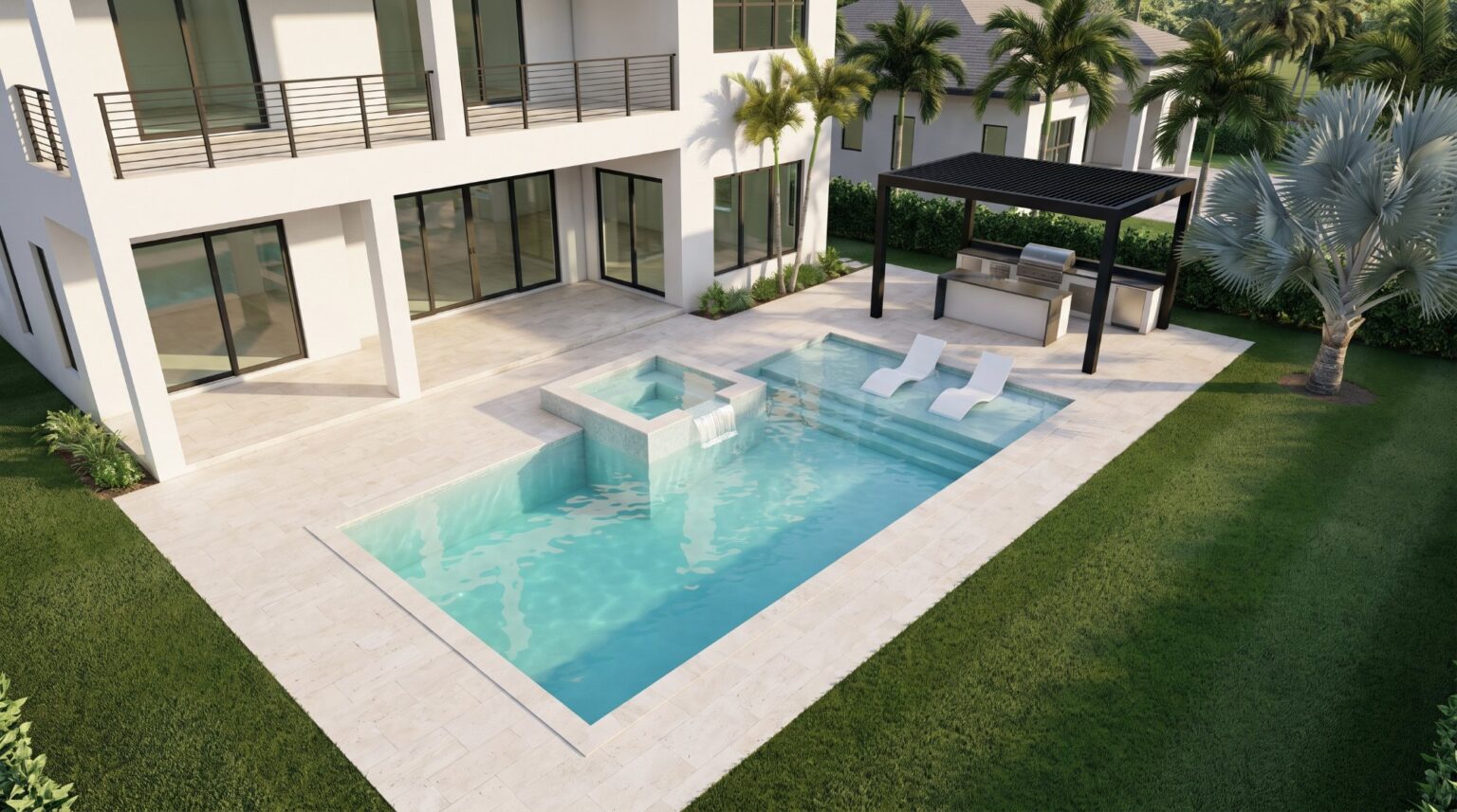 Sample 3D rendering of a new pool with raised spa, sun shelf, travertine deck and pergola