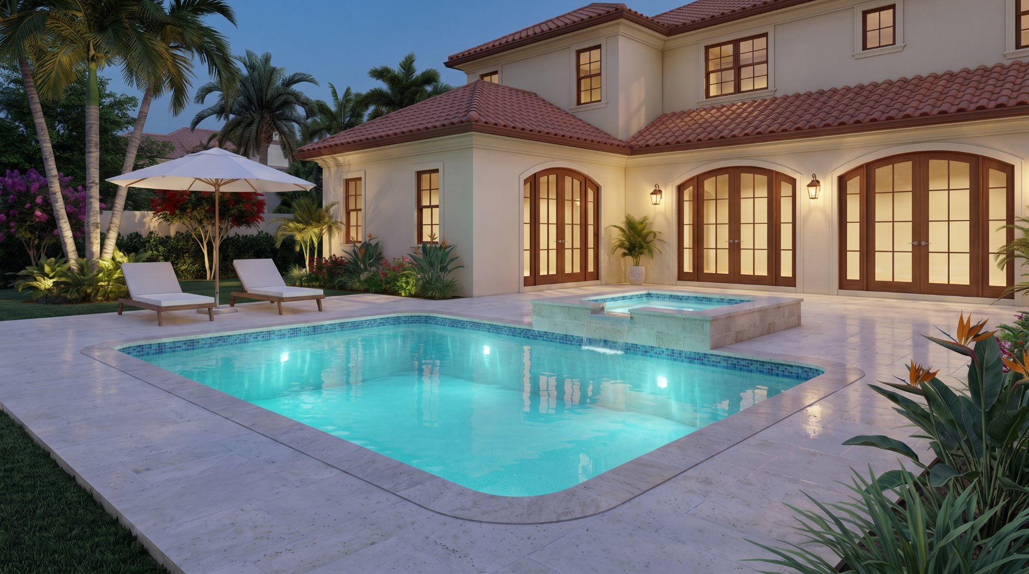Sample 3D rendering of the renovated pool at dusk with LED lighting