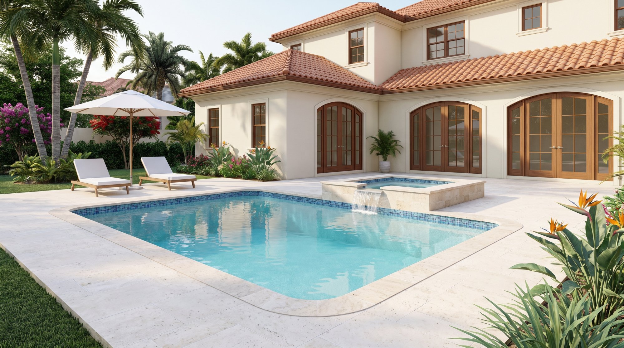 Sample 3D rendering of the same pool renovated with new finish, glass tile and travertine deck