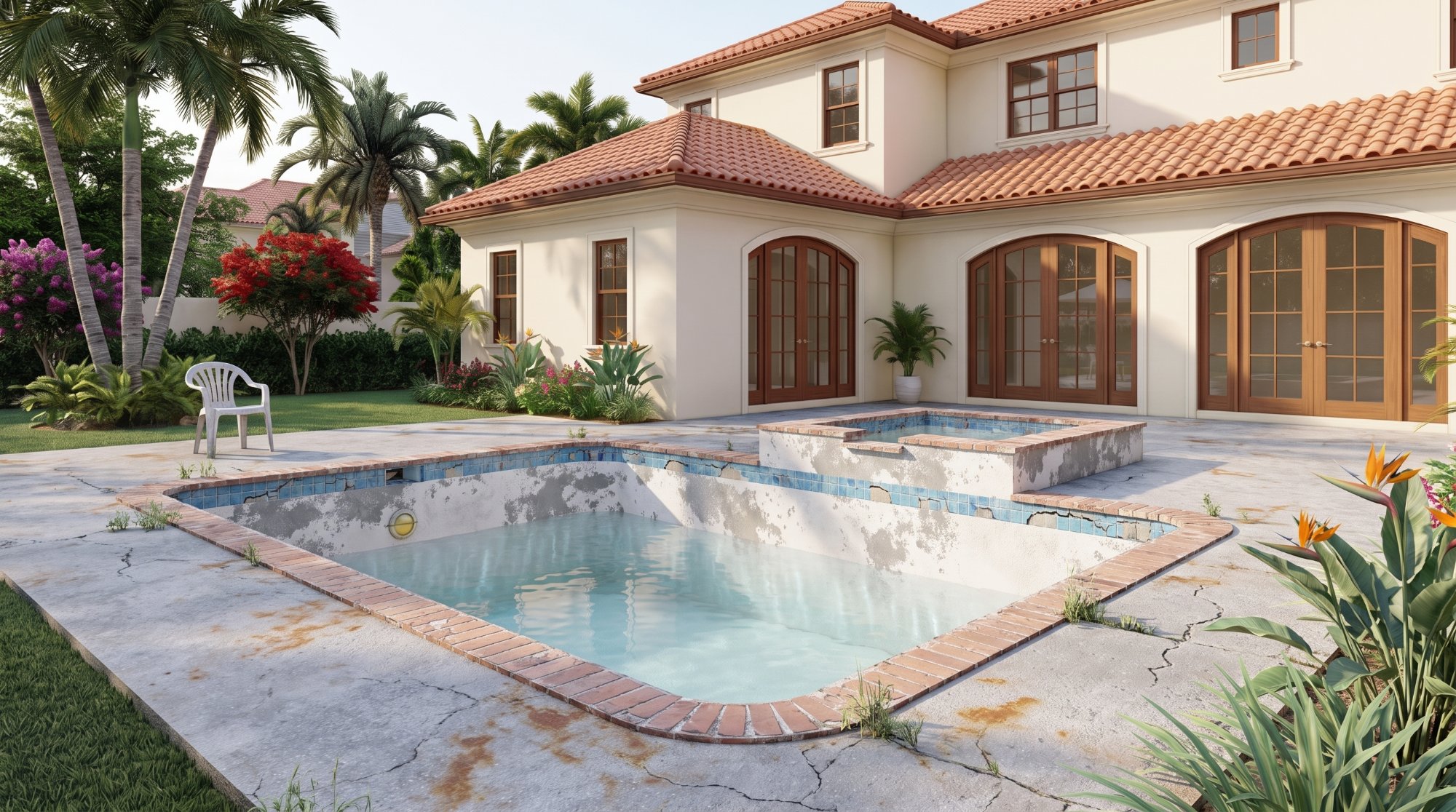 Sample 3D view of a worn pool with stained finish, old tile and cracked deck before renovation