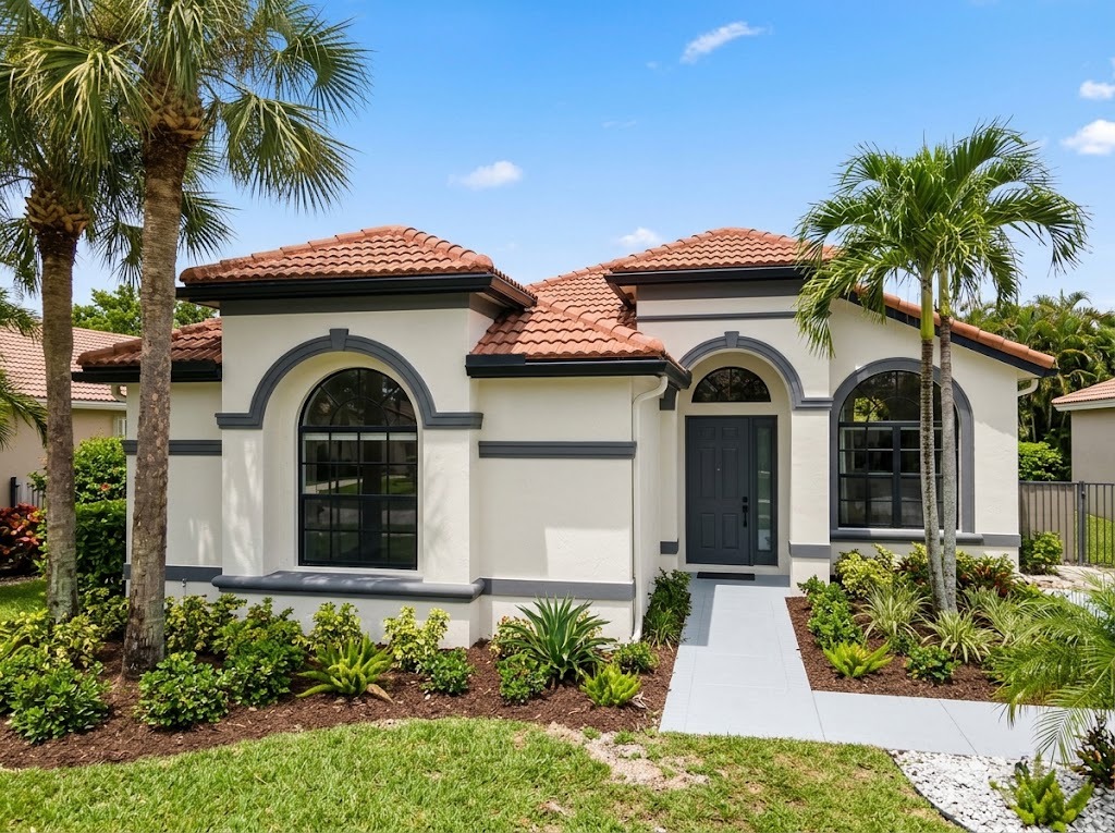 Freshly painted Mediterranean-style home with warm white stucco and charcoal window trim