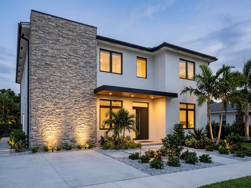 Modern home exterior with a stacked stone accent wall and warm uplighting at dusk