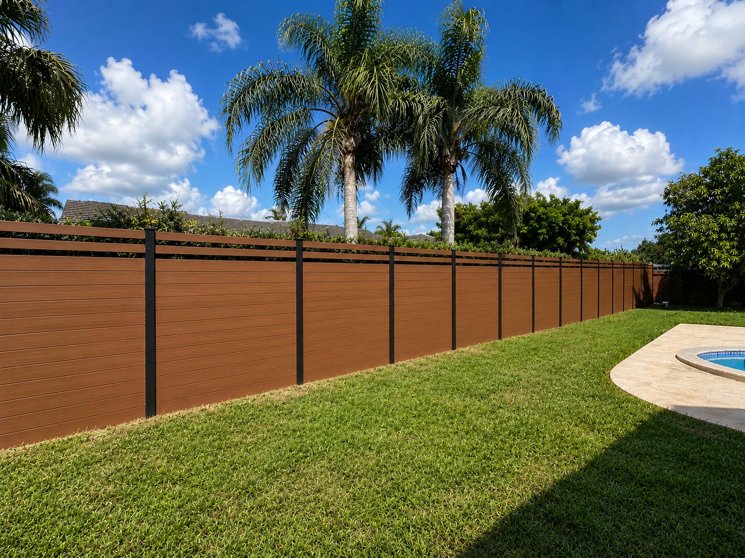 Horizontal wood privacy fence with black posts around a South Florida backyard with a pool