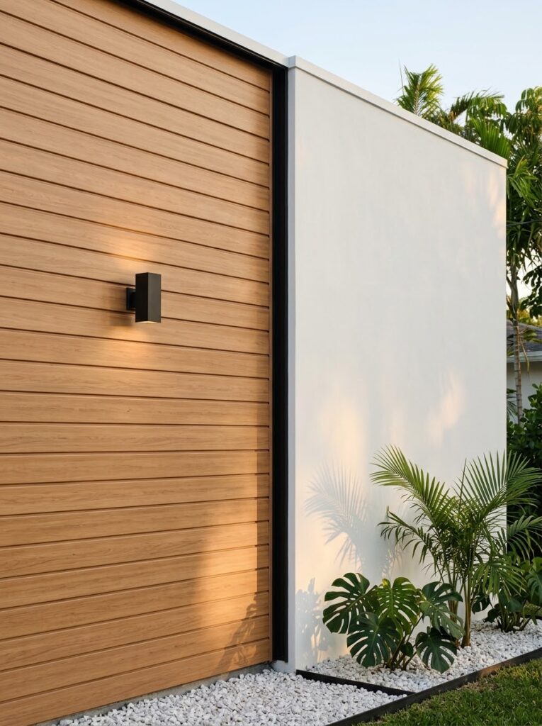 Wood-look slat accent wall meeting smooth white stucco with a black trim reveal and wall sconce